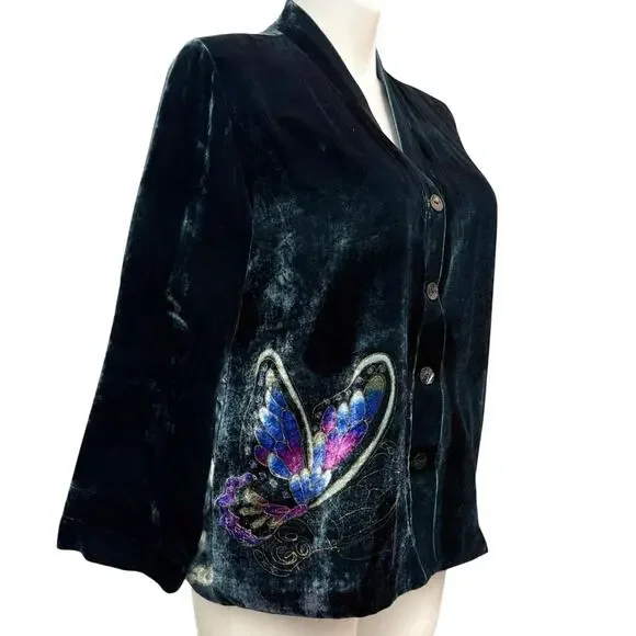 Chicos Green Silk & Velvet Painted Butterfly Kimono Blazer Jacket Size 2 (L/12) - Picture 3 of 12